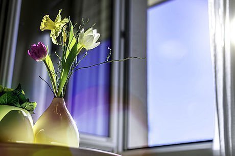 Dekoration mit Blumen am Fenster im Hotelzimmer